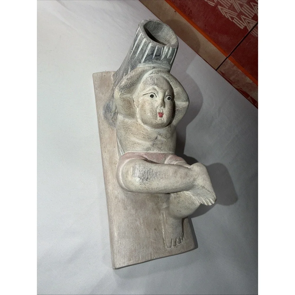 Vintage Carved Wood Figurine Asian Man Good Luck Candle Flower Holder Tabletop - Picture 2 of 8